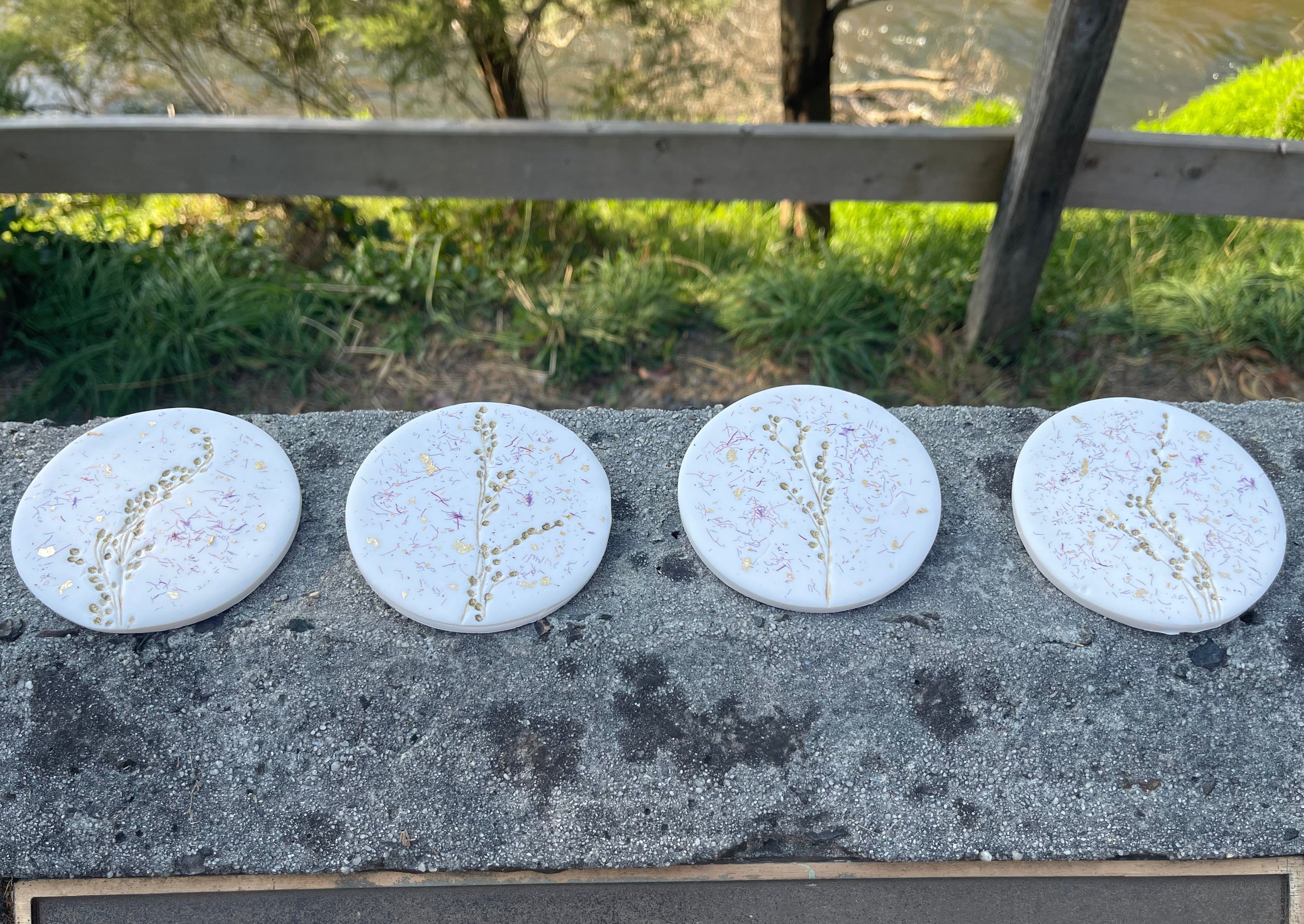 White Bottlebrush and Gold Native Reed - Handcrafted Coasters