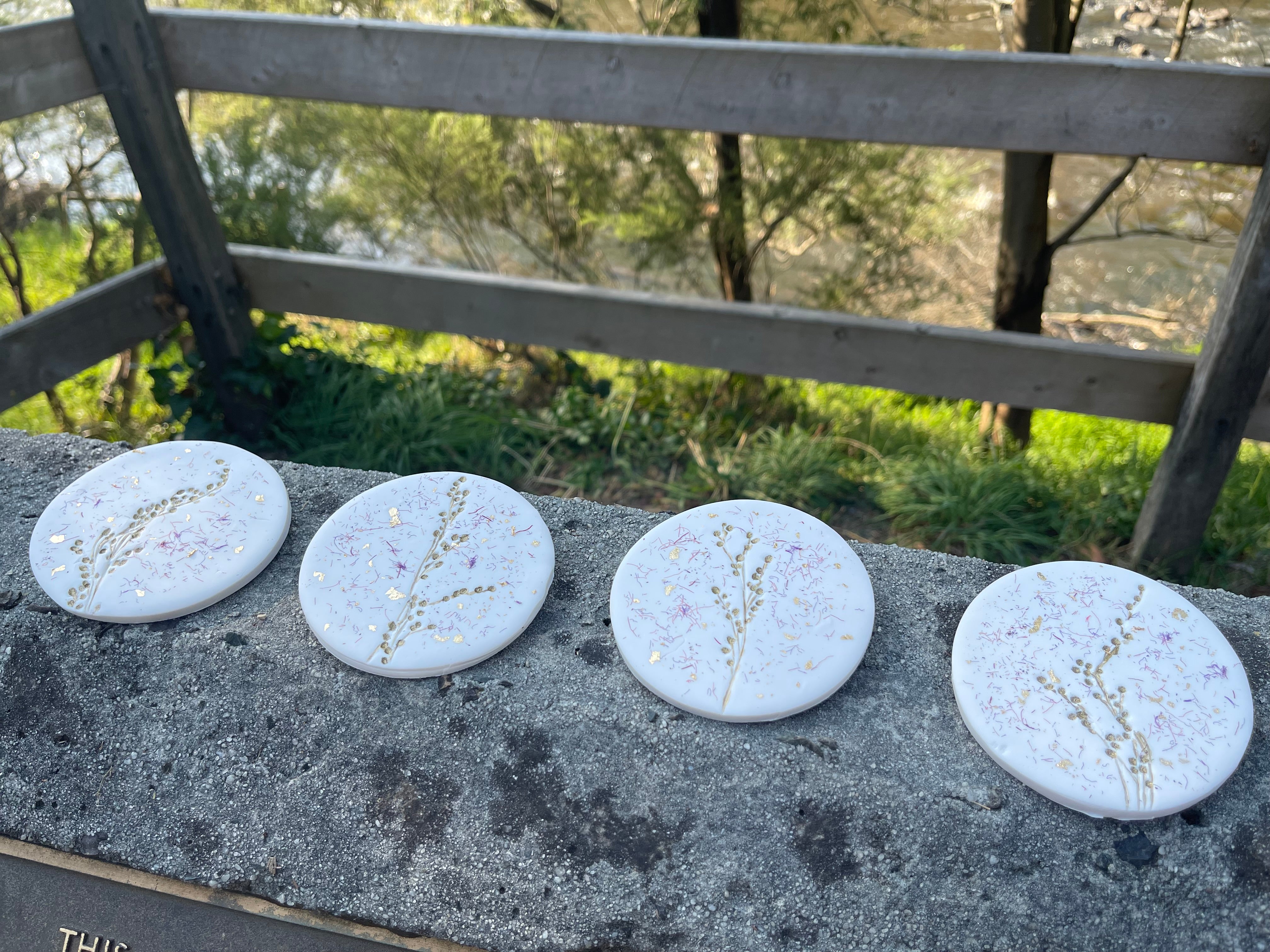 White Bottlebrush and Gold Native Reed - Handcrafted Coasters